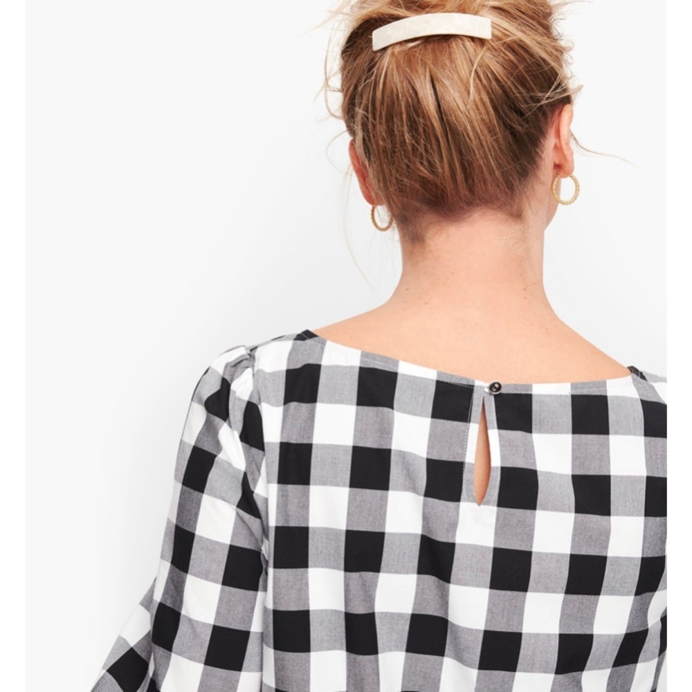 Talbots Gingham Gathered Sleeve Top Size S